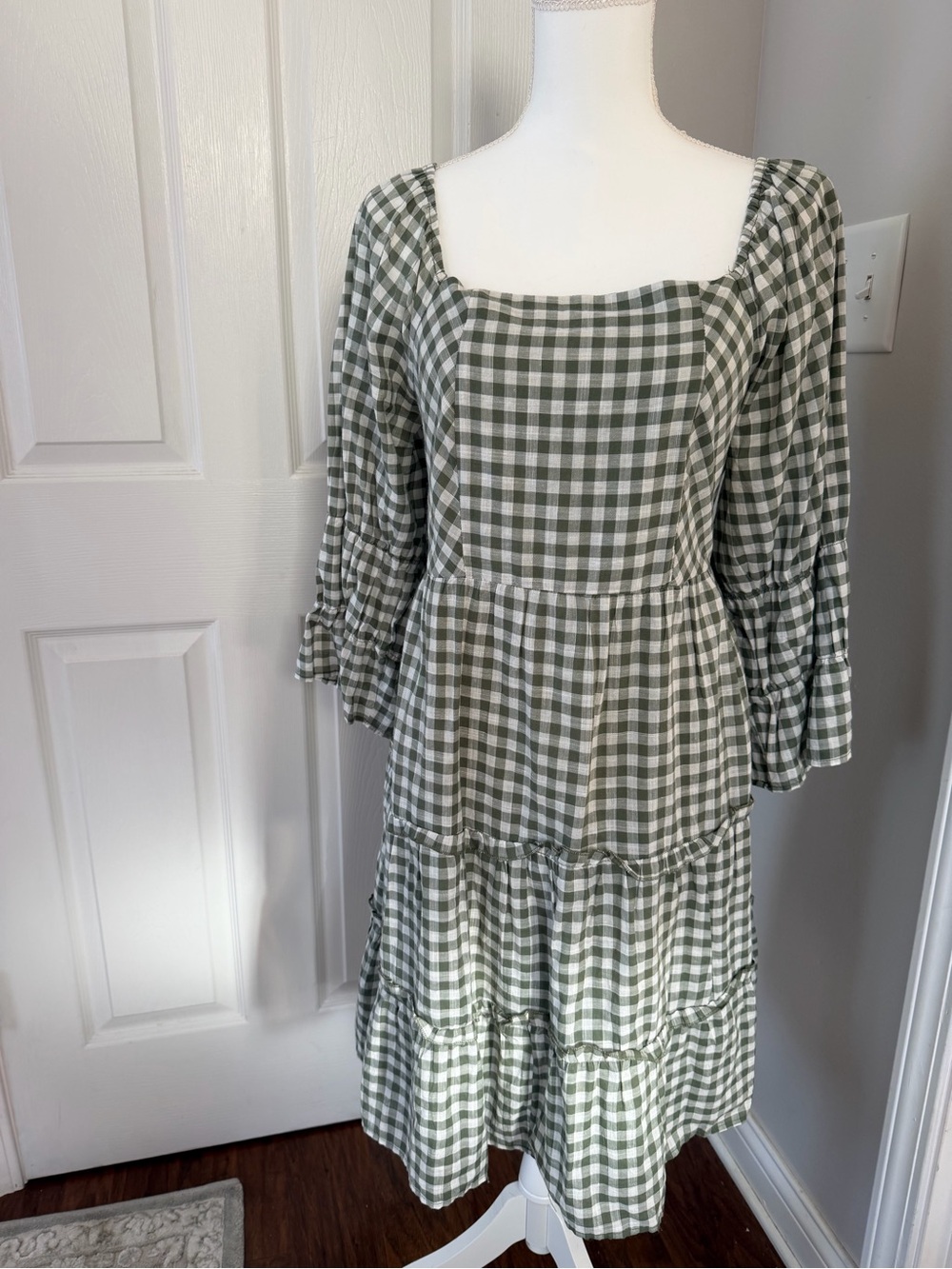 Mikarose Olive and White Gingham Square-Neck Tiered Dress